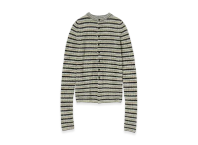 AURALEE Shetland Wool Cashmere Rib Knit Crew-Neck Cardigan "Gray Stripe"