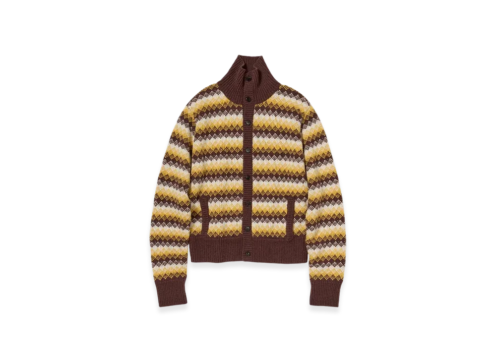 AURALEE Cashmere Jacquard Knit High-Neck Cardigan "Burgundy Yellow"