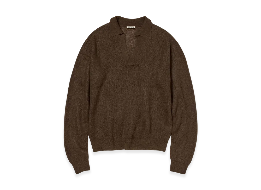 AURALEE Baby Suri Alpaca Sheer Knit Skipper Polo "Dark Brown"