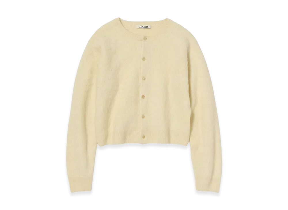 AURALEE Garment-Dyed Baby Alpaca Fur Knit Crew-Neck Cardigan "Ecru"
