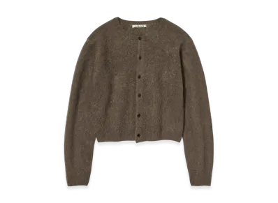 AURALEE Garment-Dyed Baby Alpaca Fur Knit Crew-Neck Cardigan "Dark Brown"