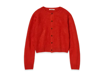 AURALEE Garment-Dyed Baby Alpaca Fur Knit Crew-Neck Cardigan "Red"