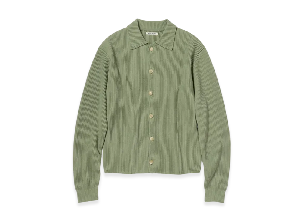 AURALEE Super Fine Wool Rib Knit Shirt Cardigan "Dusty Green"
