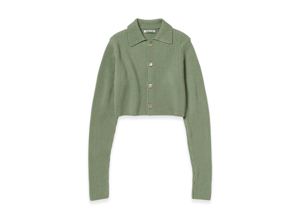 AURALEE Super Fine Wool Soft Rib Knit Cropped Shirt Cardigan "Dusty Green"