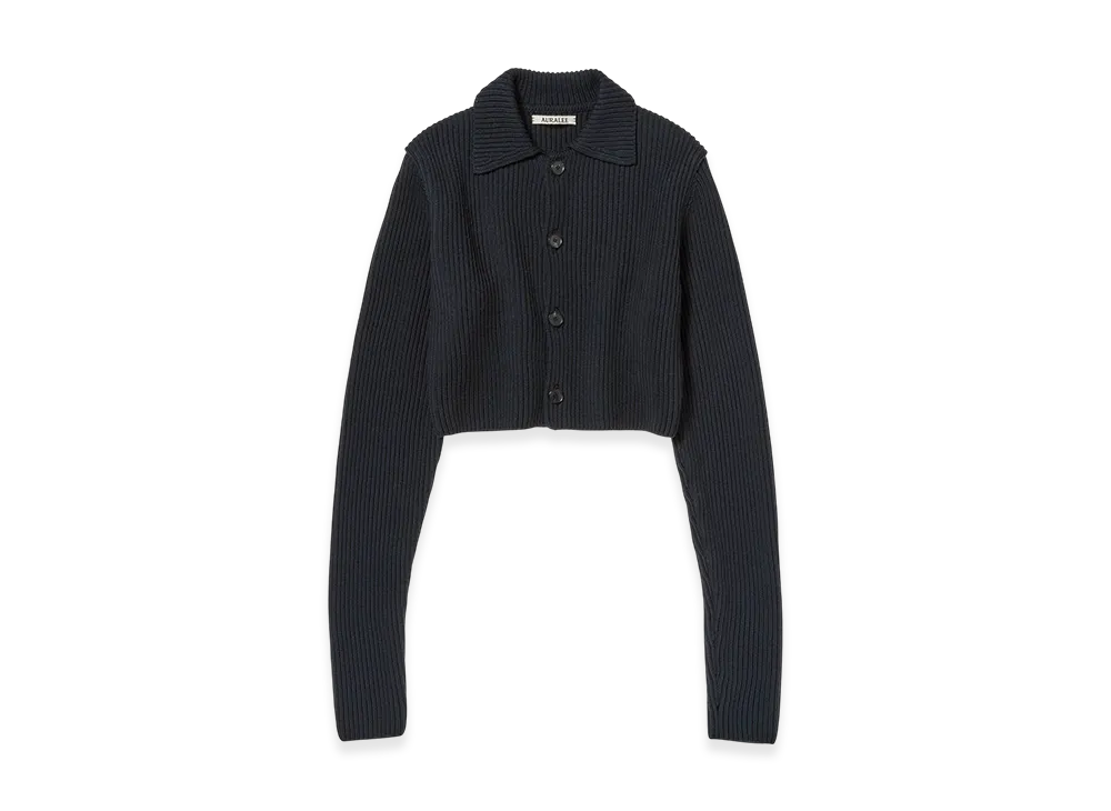 AURALEE Super Fine Wool Soft Rib Knit Cropped Shirt Cardigan "Dark Navy"