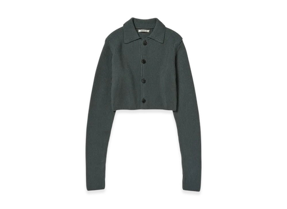 AURALEE Super Fine Wool Soft Rib Knit Cropped Shirt Cardigan "Gray"