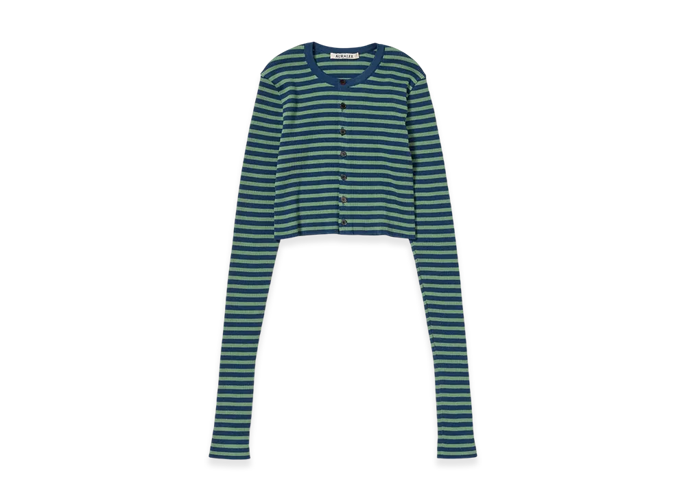 AURALEE Women's Cotton High Gauge Rib Knit Cropped Crew Neck Cardigan "Pale Green/Navy Stripe"