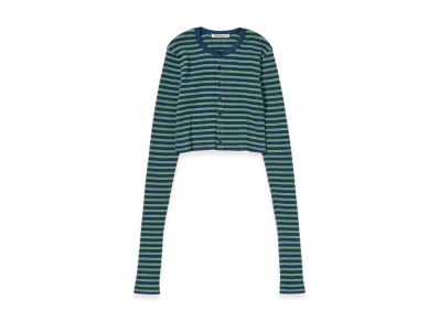 AURALEE Women's Cotton High Gauge Rib Knit Cropped Crew Neck Cardigan "Pale Green/Navy Stripe"