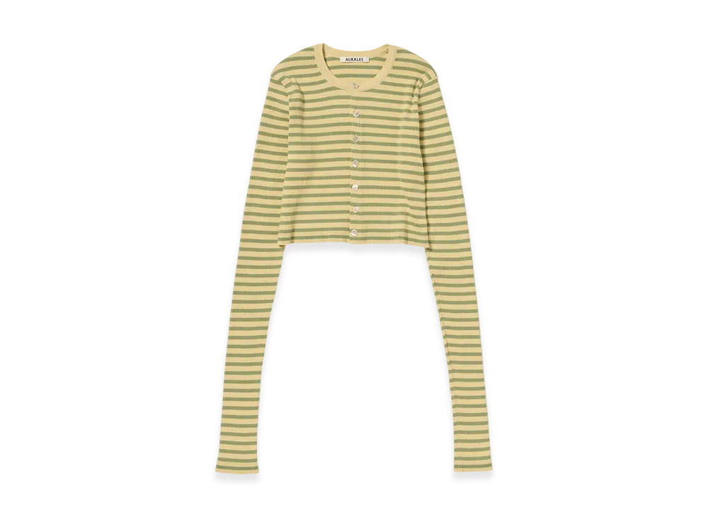 AURALEE Women's Cotton High Gauge Rib Knit Cropped Crew Neck Cardigan "Light Beige/Pale Green Stripe"