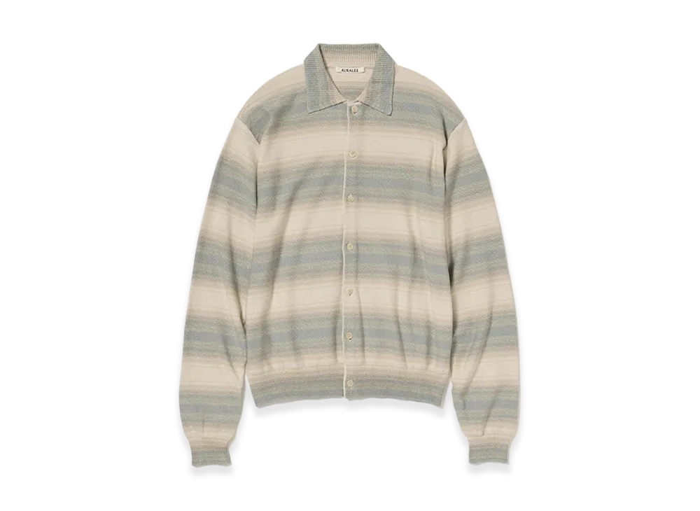 AURALEE Cotton Silk Gradient Stripe Knit Shirt Cardigan "Blue Beige Stripe"
