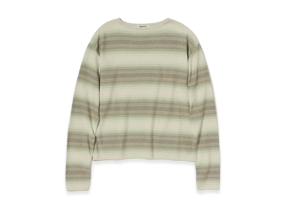 AURALEE Cotton Silk Gradient Stripe Knit Boat Neck P/O "Lime Gray Stripe"
