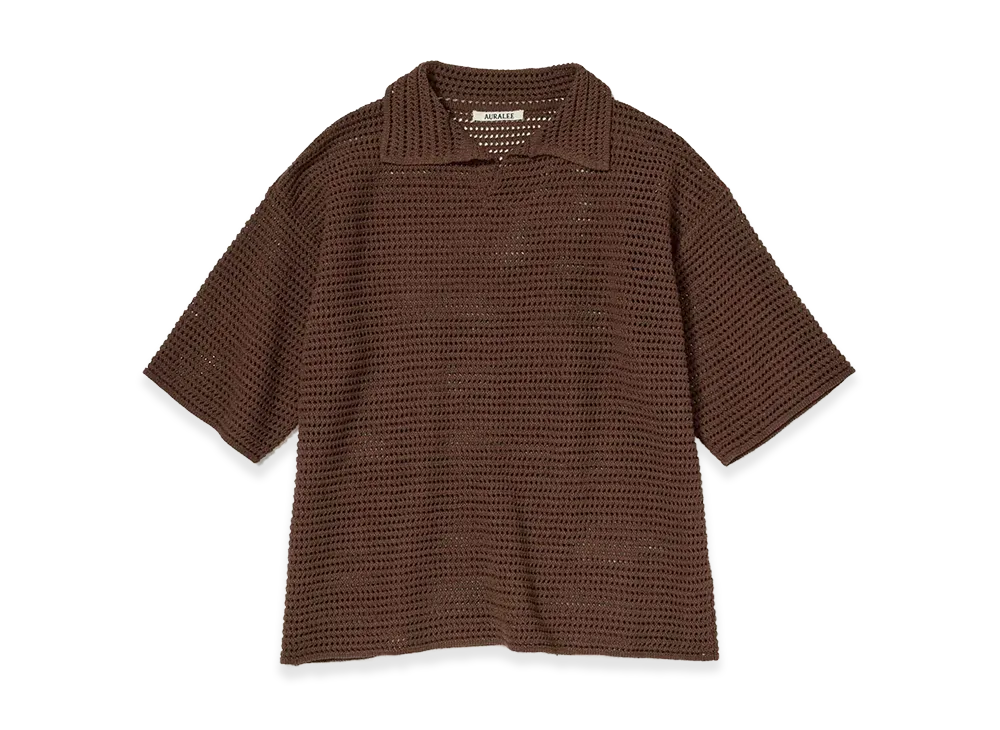 AURALEE Tussah Silk Cotton Mesh Knit Skipper Polo "Brown"