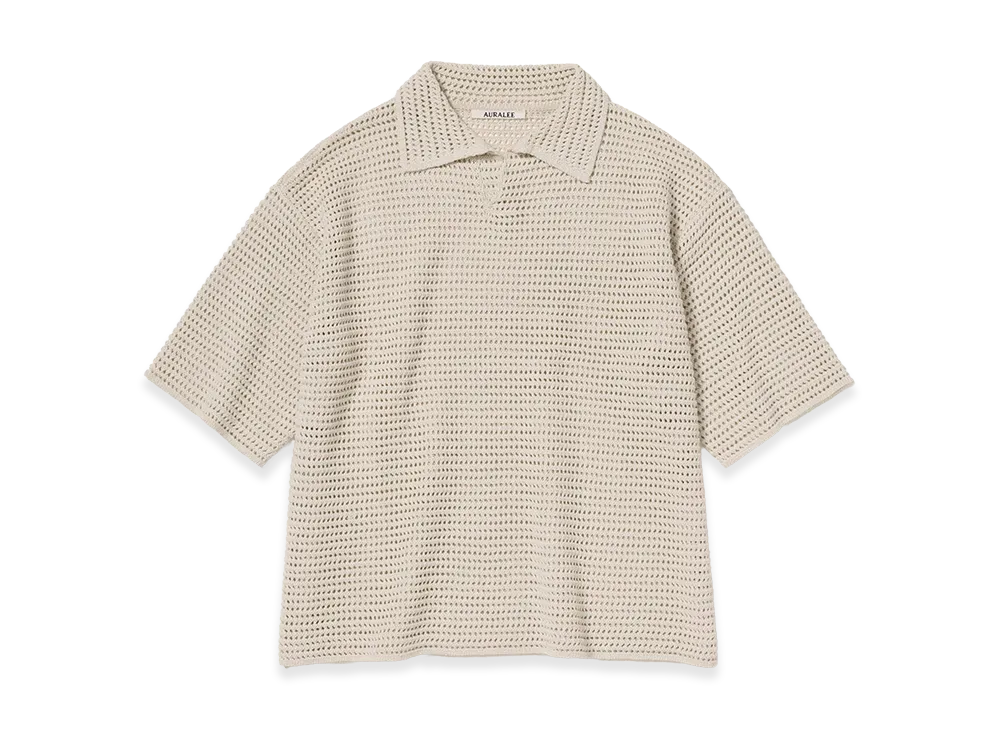 AURALEE Tussah Silk Cotton Mesh Knit Skipper Polo "Ivory"