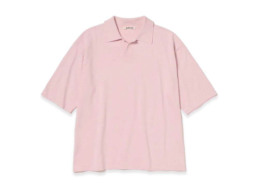 AURALEE High Gauge Tussah Silk Knit Skipper Polo "Light Pink"