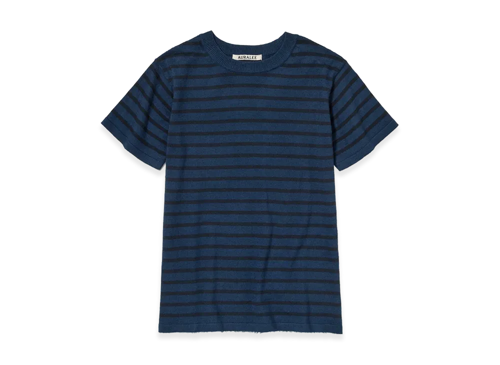 AURALEE Women's High Gauge Cotton Knit Tee "Blue Navy Stripe"
