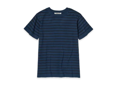 AURALEE Women's High Gauge Cotton Knit Tee "Blue Navy Stripe"