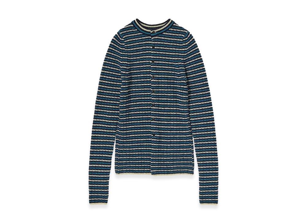 AURALEE Women's Shetland Wool Cashmere Rib Knit Crew-Neck Cardigan "Navy Stripe"
