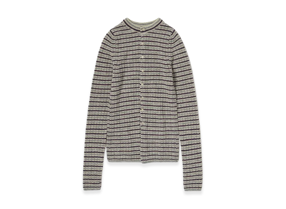AURALEE Women's Shetland Wool Cashmere Rib Knit Crew-Neck Cardigan "Lime Purple Stripe"