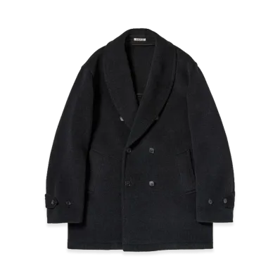 AURALEE Wool Herringbone Shawl Collar Coat "Dark Charcoal"