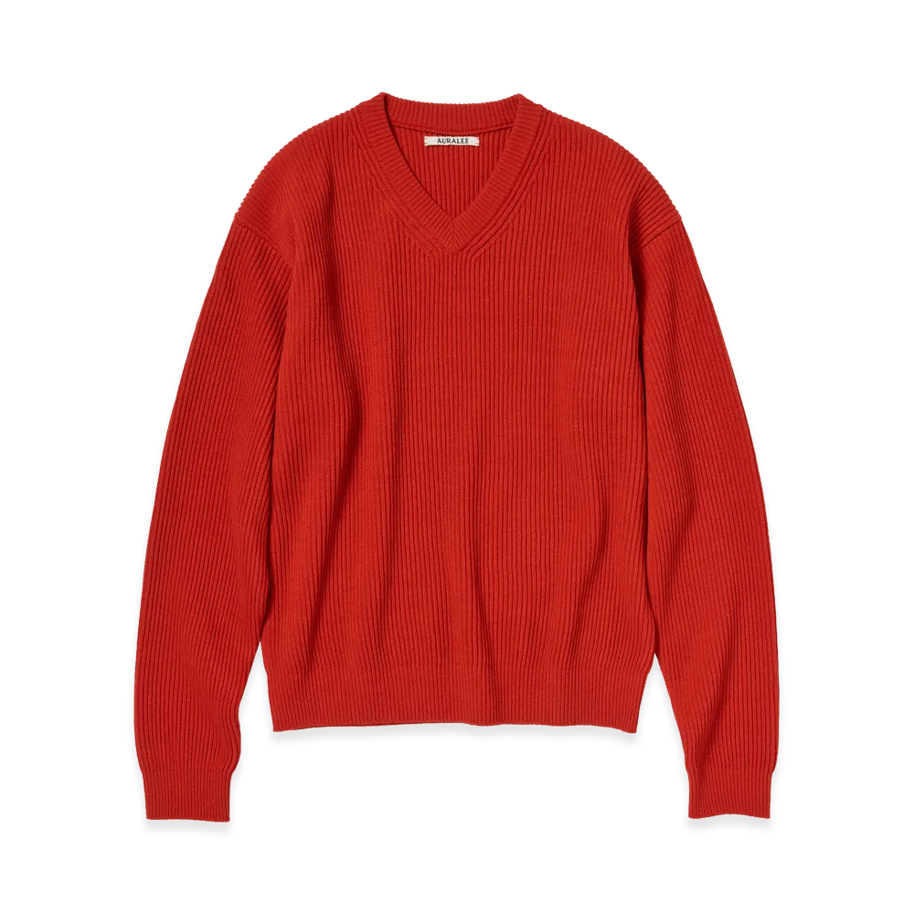 AURALEE Super Fine Wool Rib Knit V-Neck P/O "Red"
