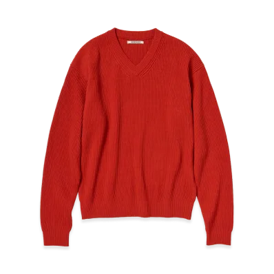 AURALEE Super Fine Wool Rib Knit V-Neck P/O "Red"