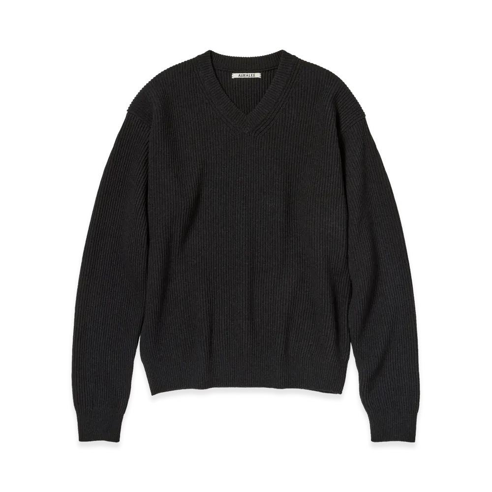 AURALEE Super Fine Wool Rib Knit V-Neck P/O "Top Black"