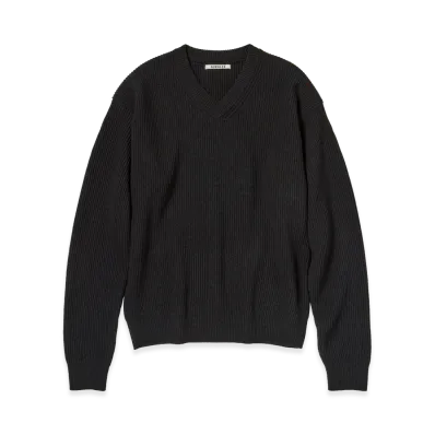 AURALEE Super Fine Wool Rib Knit V-Neck P/O "Top Black"