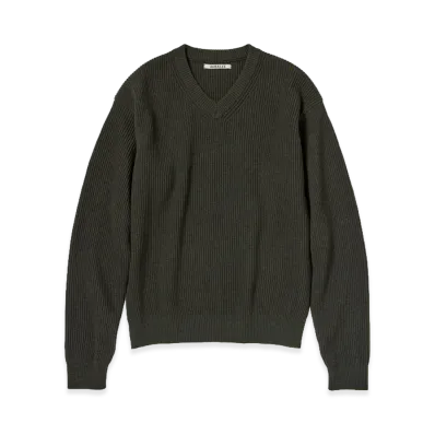 AURALEE Super Fine Wool Rib Knit V-Neck P/O "Top Dark Olive"