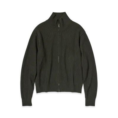 AURALEE Super Fine Wool Rib Knit Zip Cardigan "Top Dark Olive"
