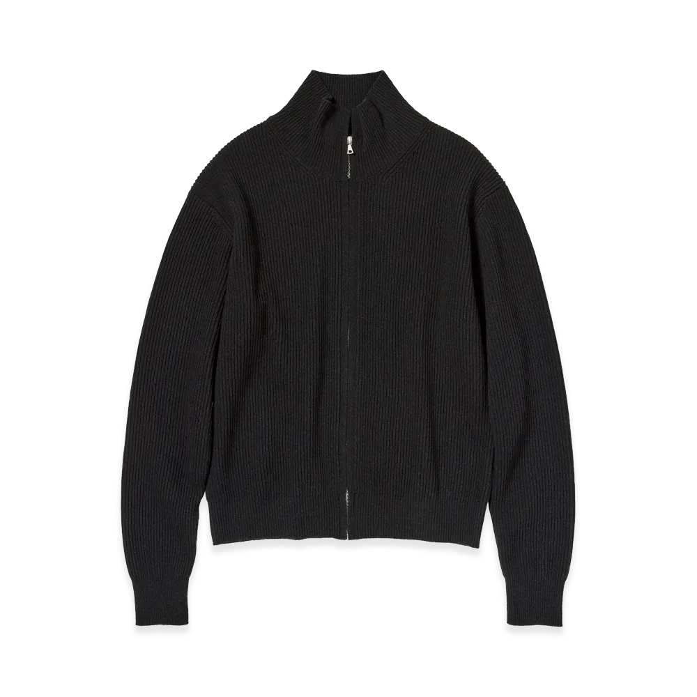 AURALEE Super Fine Wool Rib Knit Zip Cardigan "Top Black"