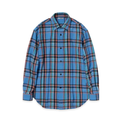 AURALEE Women's Cashmere Silk Checked Flannel Shirt "Blue Check"