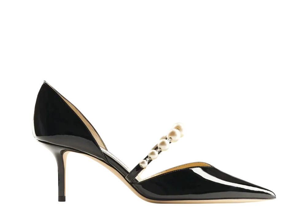 Jimmy Choo Women's Aurelie 65 Patent Leather Pointed Pumps with Pearl Embellishment "Black/White"
