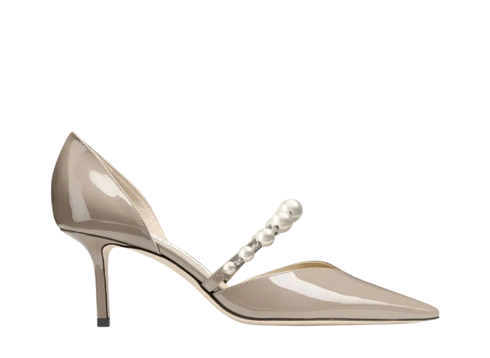 Jimmy Choo Women's Aurelie 65 Patent Leather Pointed Pumps with Pearl Embellishment "Taupe/White"