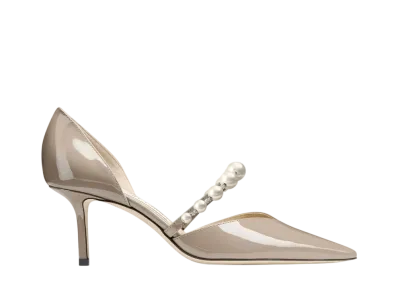 Jimmy Choo Women's Aurelie 65 Patent Leather Pointed Pumps with Pearl Embellishment "Taupe/White"
