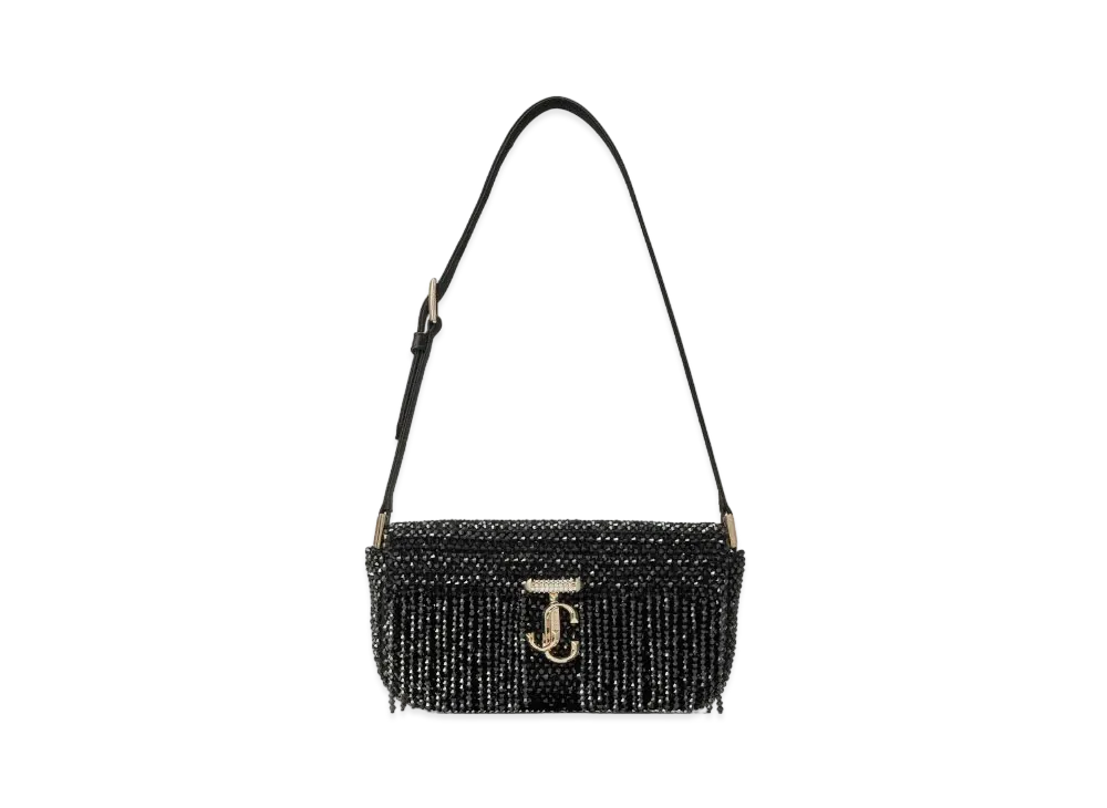 Jimmy Choo Avenue Mini Shoulder Satin Mini Shoulder Bag With Crystal Fringe "Black"