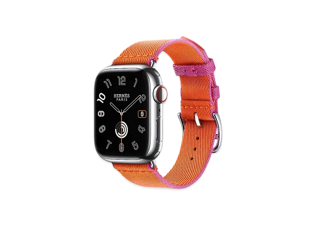 Apple Watch x Hermes Series 9 (GPS + Cellular Model) Stainless 41mm and Single Tour Twill Jump "Orange/Rose Mexico"