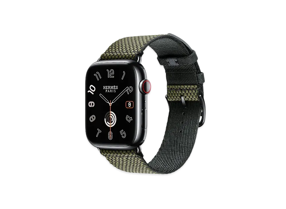 Apple Watch x Hermes Series 9 (GPS + Cellular Model) Space Black 45mm and Single Tour Toile H "Black/Vert Militaire"