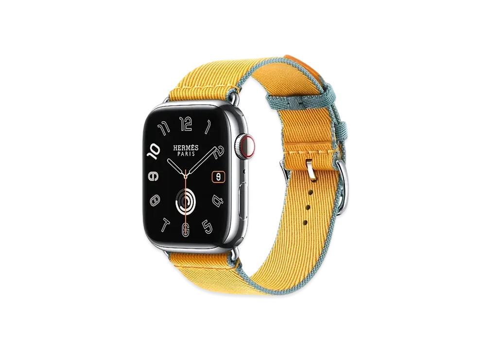Apple Watch x Hermes Series 9 (GPS + Cellular Model) Stainless 41mm and Single Tour Twill Jump "Jaune D'or/Bleu Jean"