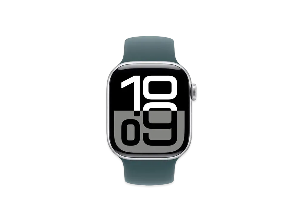 アップルウォッチ シリーズ10 GPS + セルラーモデル シルバーアルミニウムケース ラバー ソロループ "レイクグリーン"