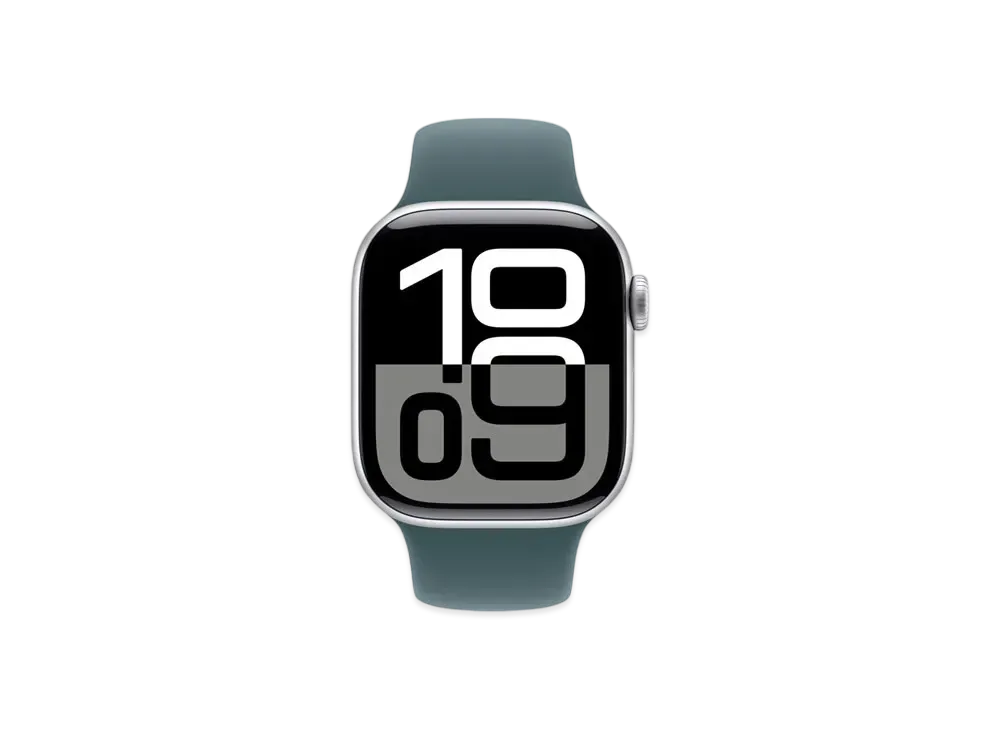 アップルウォッチ シリーズ10 GPS + セルラーモデル シルバーアルミニウムケース ラバー スポーツバンド "レイクグリーン"
