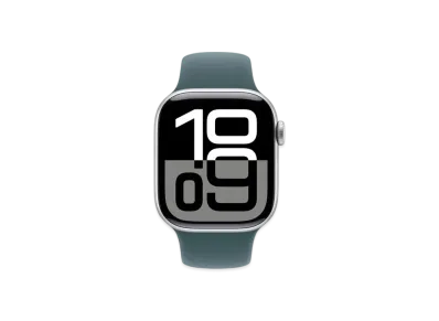 アップルウォッチ シリーズ10 GPS + セルラーモデル シルバーアルミニウムケース ラバー スポーツバンド "レイクグリーン"