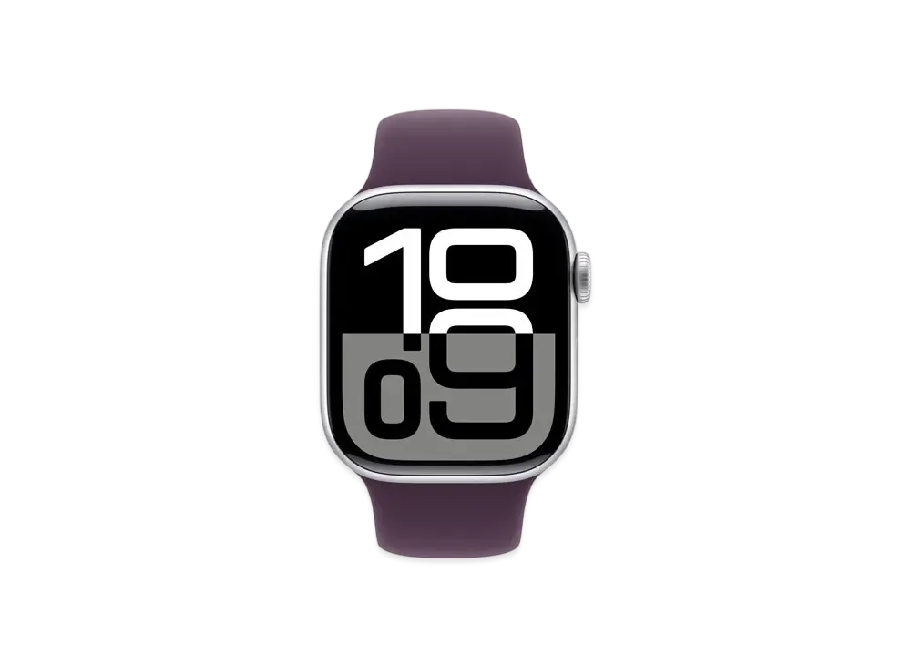 アップルウォッチ シリーズ10 GPS + セルラーモデル シルバーアルミニウムケース ラバー スポーツバンド "プラム"