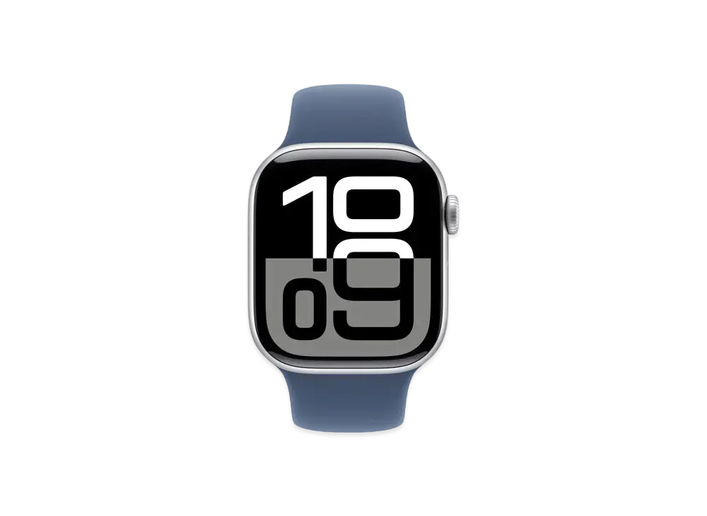 アップルウォッチ シリーズ10 GPS + セルラーモデル シルバーアルミニウムケース ラバー スポーツバンド "デニム"