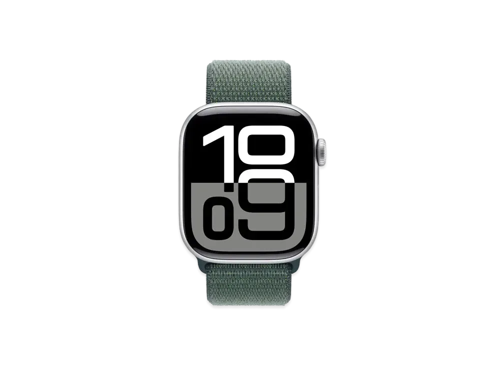 Apple Watch Series 10 GPS + Cellular Model Silver Aluminiumcase Textile Sports Loop "Lake Green"