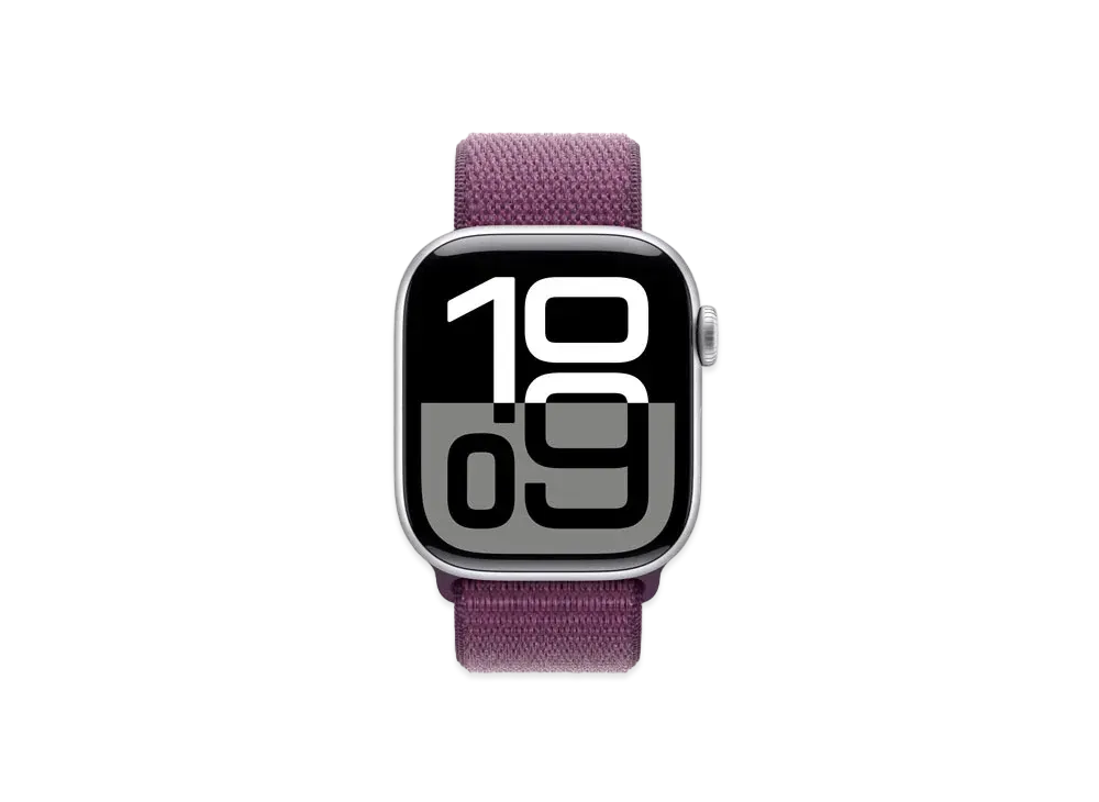 Apple Watch Series 10 GPS + Cellular Model Silver Aluminiumcase Textile Sports Loop "Plum"