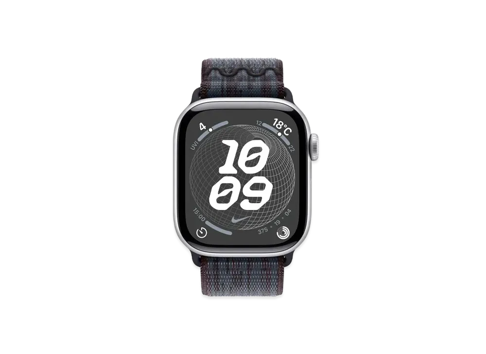 Apple Watch Series 10 GPS Model Silver Aluminiumcase Textile Nike Sports Loop "Black/Blue"