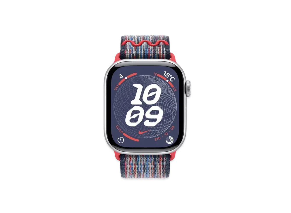 Apple Watch Series 10 GPS + Cellular Model Silver Aluminiumcase Textile Nike Sports Loop "Blue/Red"