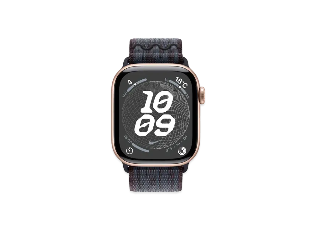 Apple Watch Series 10 GPS + Cellular Model Rose Gold Aluminiumcase Textile Nike Sports Loop "Black/Blue"