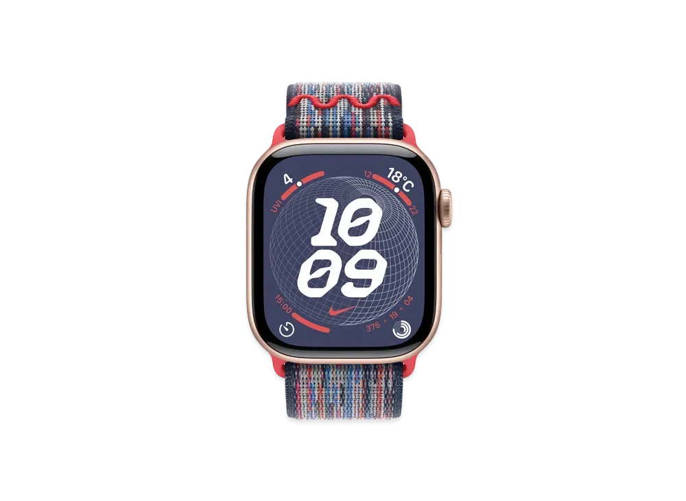 Apple Watch Series 10 GPS Model Rose Gold Aluminiumcase Textile Nike Sports Loop "Blue/Red"