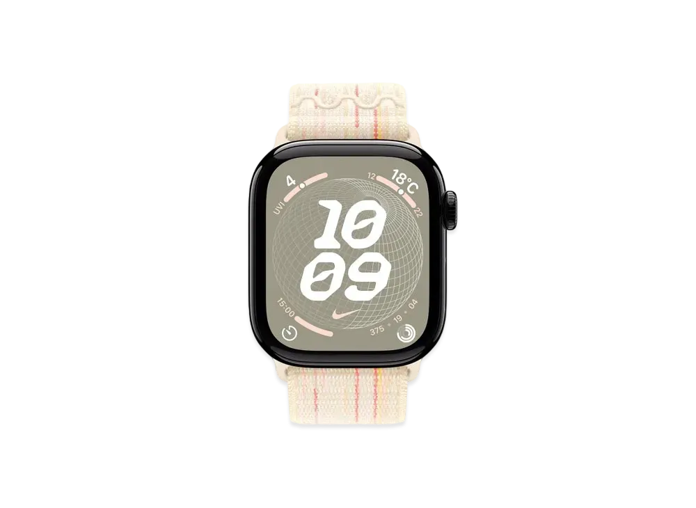 Apple Watch Series 10 GPS + Cellular Model Jet Black Aluminiumcase Textile Nike Sports Loop "Star Light/Pink"